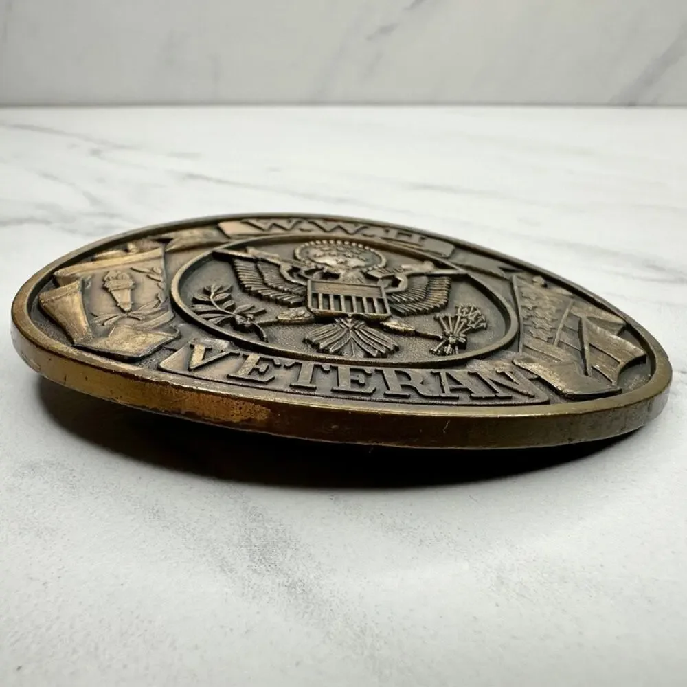 Vintage WWII Veteran Belt Buckle Brass Tone Great Seal Eagle E Pluribus Unum ✨